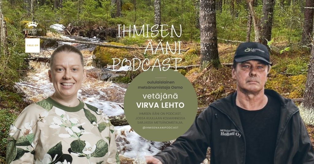 Kuvassa Ihmisen ääni -podcastin haastateltava Osmo Palosaari oikealla sekä toimittaja-tuottaja Virva Lehto vasemmalla. Lisäksi kuvassa on podcastin nimi Ihmisen ääni -podcast.